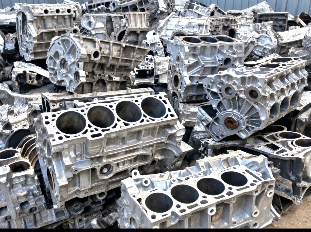 Clean aluminium engine blocks stacked for recycling